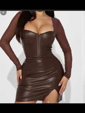 Fashion Nova Strapless Brown Faux Leather Corset Mini Dress